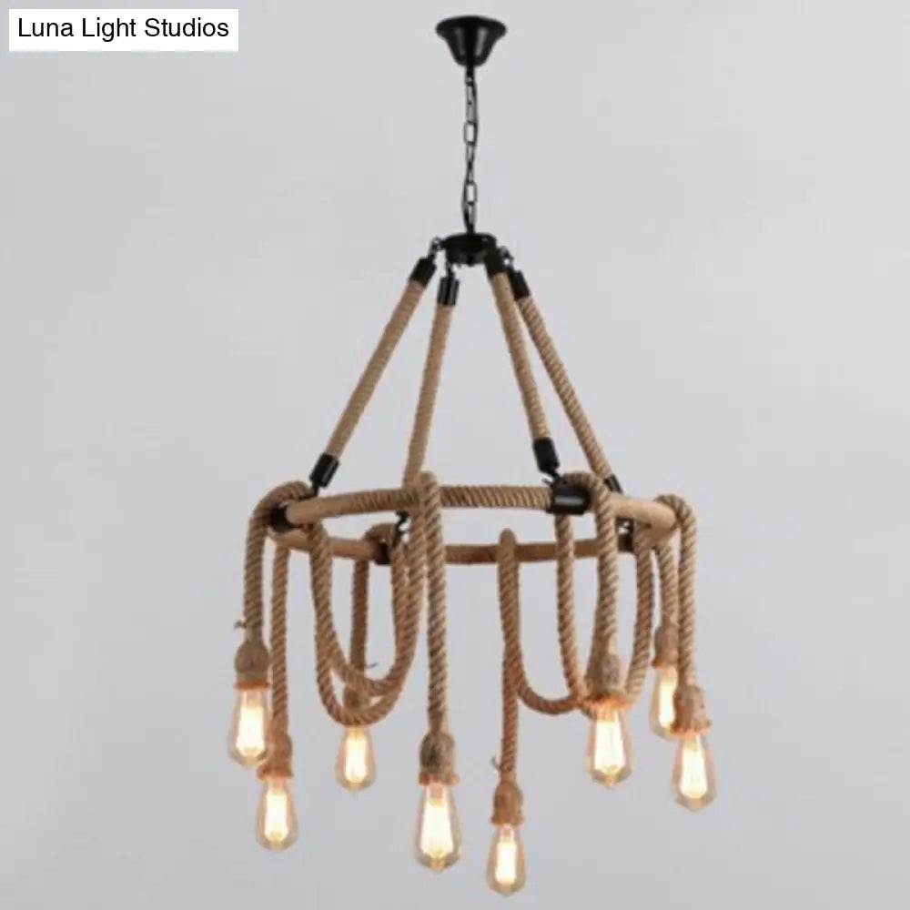 Hemp Rope Chandelier Pendant Light Kit - Antique Restaurant Style In Beige