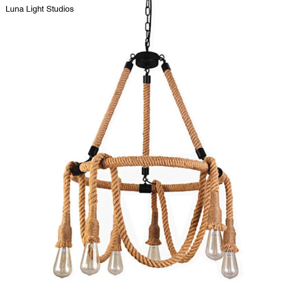 Hemp Rope Chandelier Pendant Light Kit In Antiqued Beige For Restaurants With Exposed Bulb