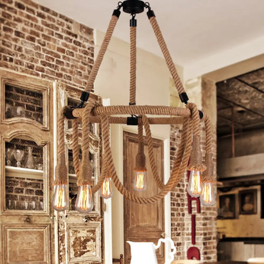 Hemp Rope Chandelier Pendant Light Kit In Antiqued Beige For Restaurants With Exposed Bulb 6 /