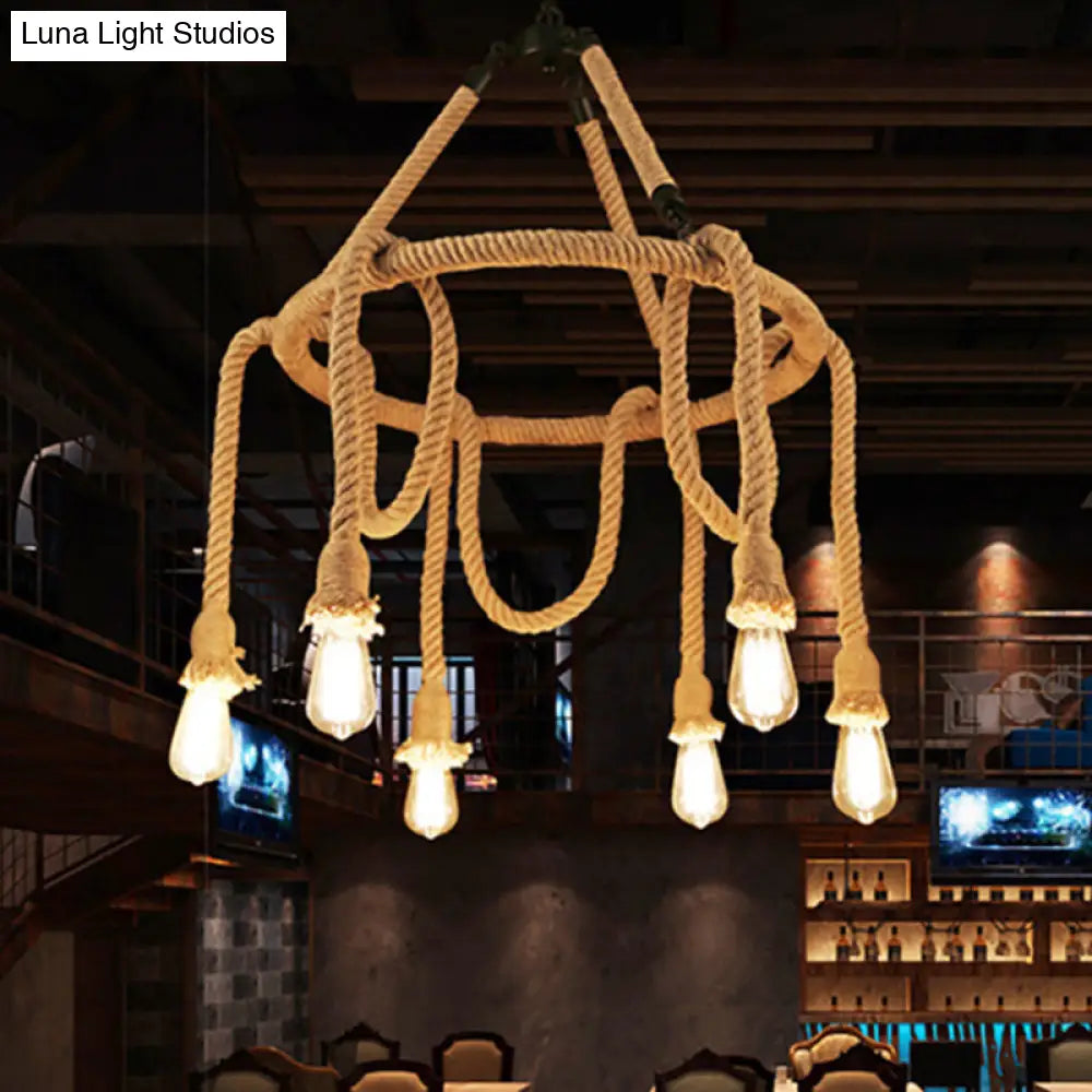 Hemp Rope Chandelier Pendant Light Kit In Antiqued Beige For Restaurants With Exposed Bulb