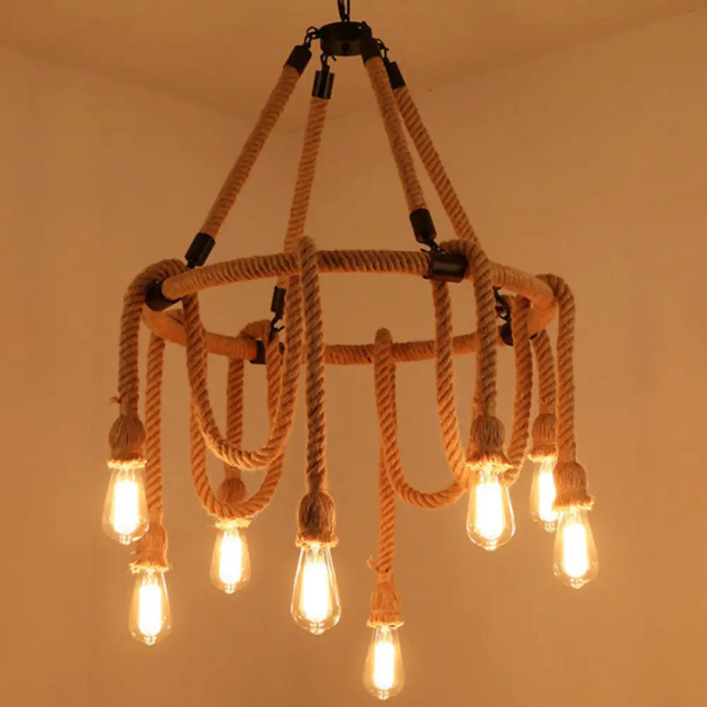 Hemp Rope Chandelier Pendant Light Kit In Antiqued Beige For Restaurants With Exposed Bulb 8 /