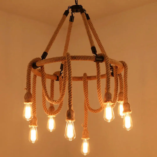 Hemp Rope Chandelier Pendant Light Kit In Antiqued Beige For Restaurants With Exposed Bulb 8 /