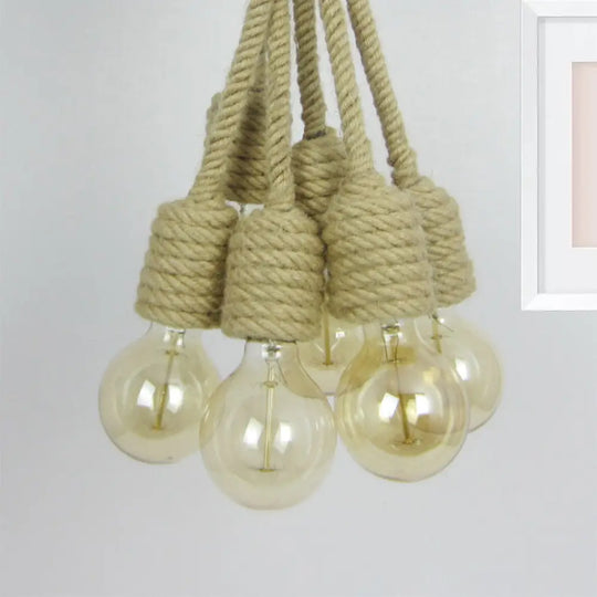 Hemp Rope Cluster Pendant Lamp - Industrial Beige Hanging Light For Farmhouse