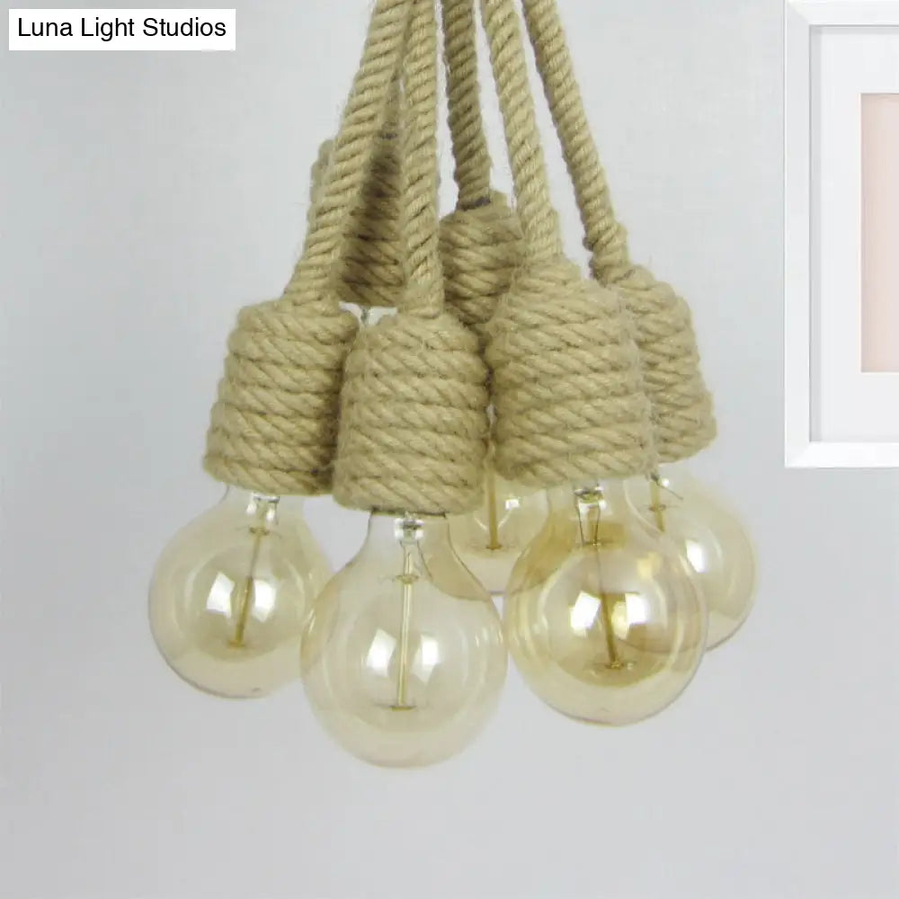 Industrial Beige Hemp Rope Cluster Pendant Lamp - Multi Light Bare Bulb Hanging Lighting For