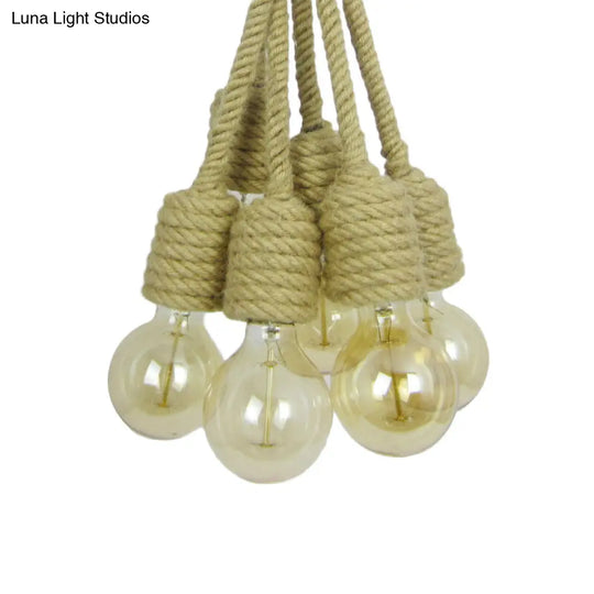 Industrial Beige Hemp Rope Cluster Pendant Lamp - Multi Light Bare Bulb Hanging Lighting For