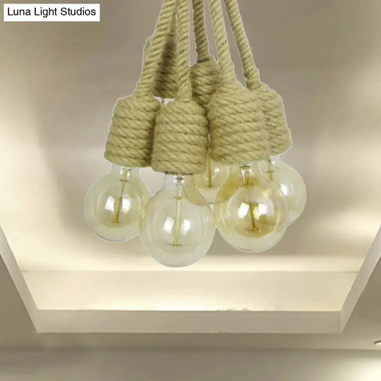 Industrial Beige Hemp Rope Cluster Pendant Lamp - Multi Light Bare Bulb Hanging Lighting For