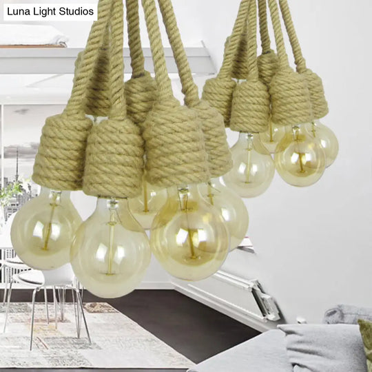 Industrial Beige Hemp Rope Cluster Pendant Lamp - Multi Light Bare Bulb Hanging Lighting For