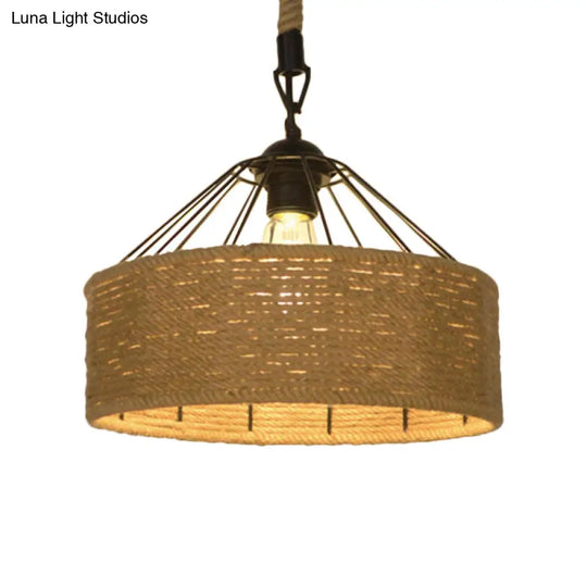Hemp Rope Drum Suspended Light - Country Style Hanging Lamp (12/16) Beige