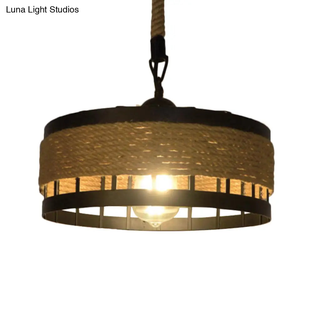 Hemp Rope Drum Pendant Light Country Style 12’/16’ Wide 1-Head Restaurant Hanging Lamp Beige