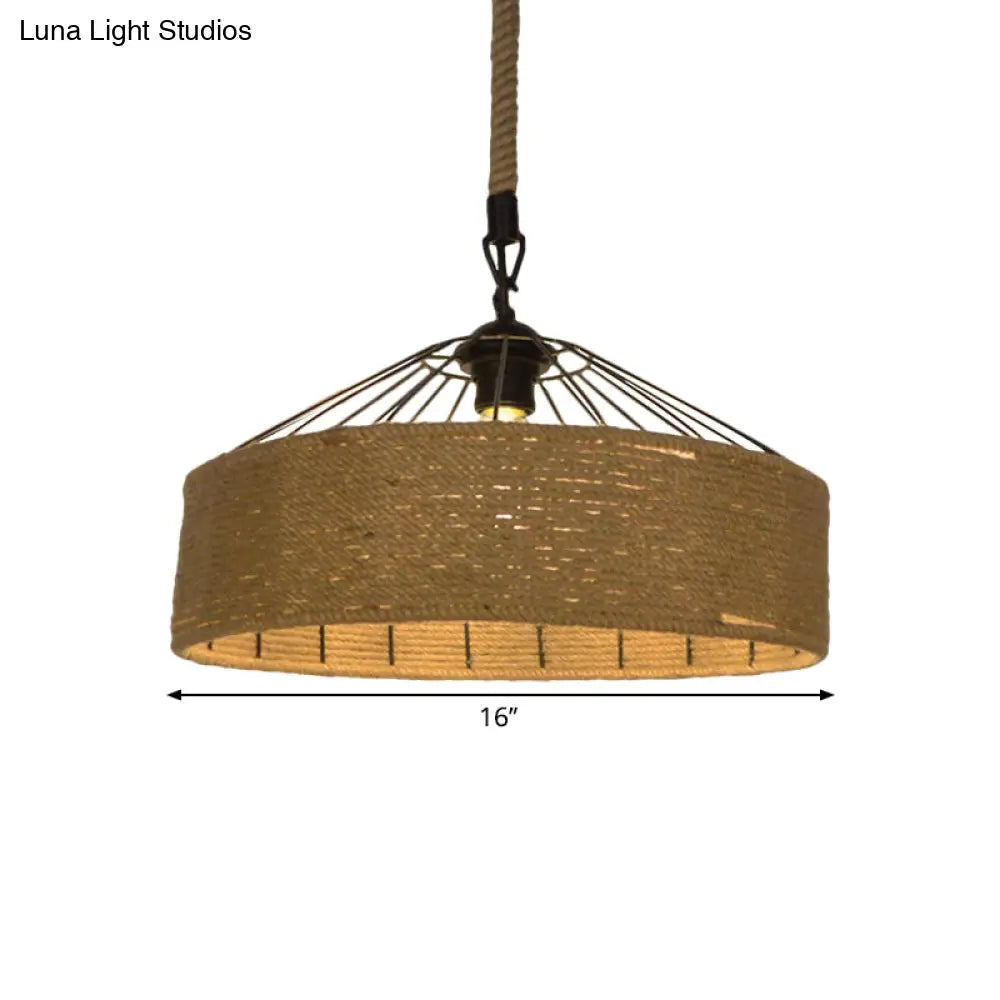 Hemp Rope Drum Pendant Light Country Style 12’/16’ Wide 1-Head Restaurant Hanging Lamp Beige