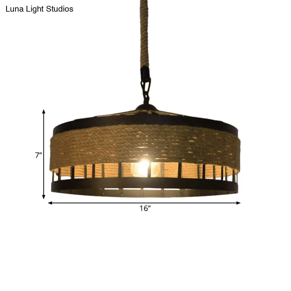 Hemp Rope Drum Pendant Light Country Style 12’/16’ Wide 1-Head Restaurant Hanging Lamp Beige