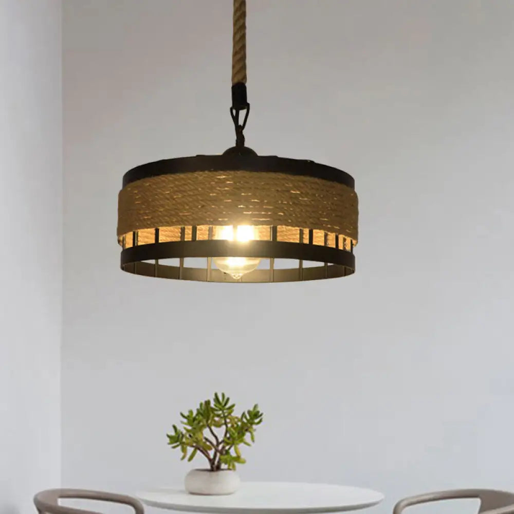 Hemp Rope Drum Pendant Light Country Style 12’/16’ Wide 1-Head Restaurant Hanging Lamp Beige / 12’ B
