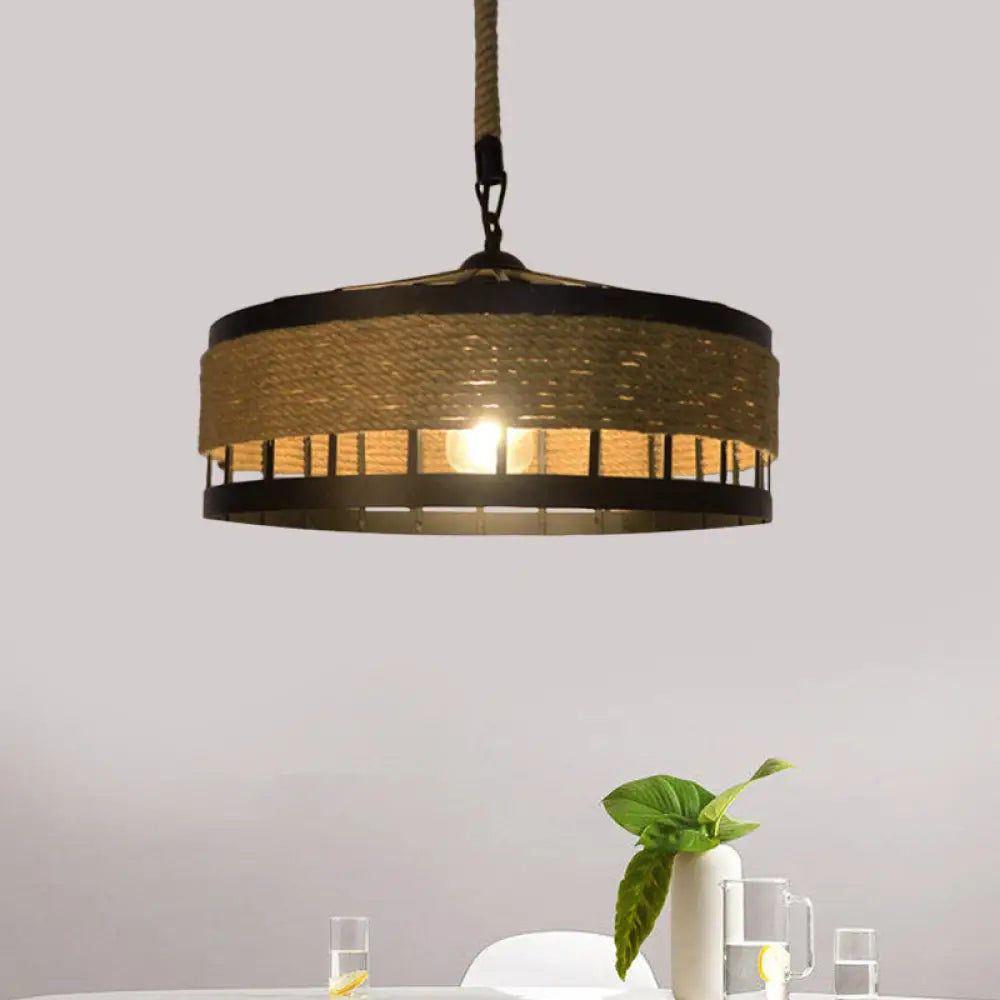 Hemp Rope Drum Pendant Light Country Style 12’/16’ Wide 1-Head Restaurant Hanging Lamp Beige / 16’ B