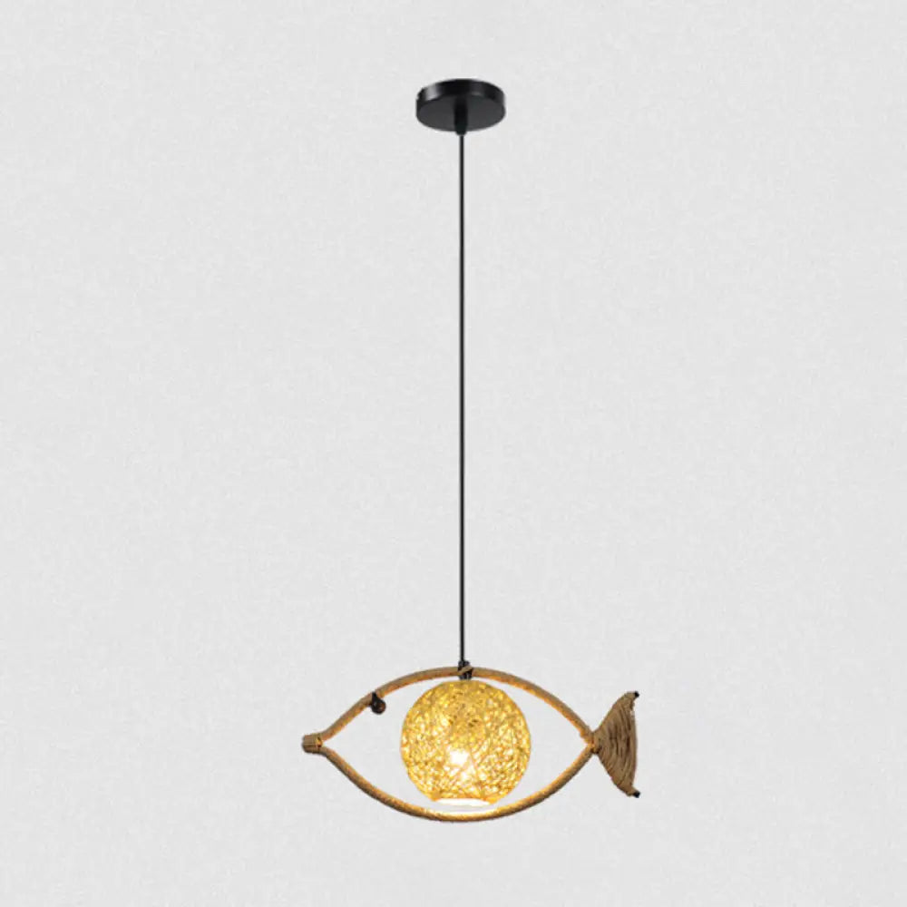 Hemp Rope Fish Suspension Pendant Ceiling Light With Globe Rattan Shade - Retro Restaurant Lighting