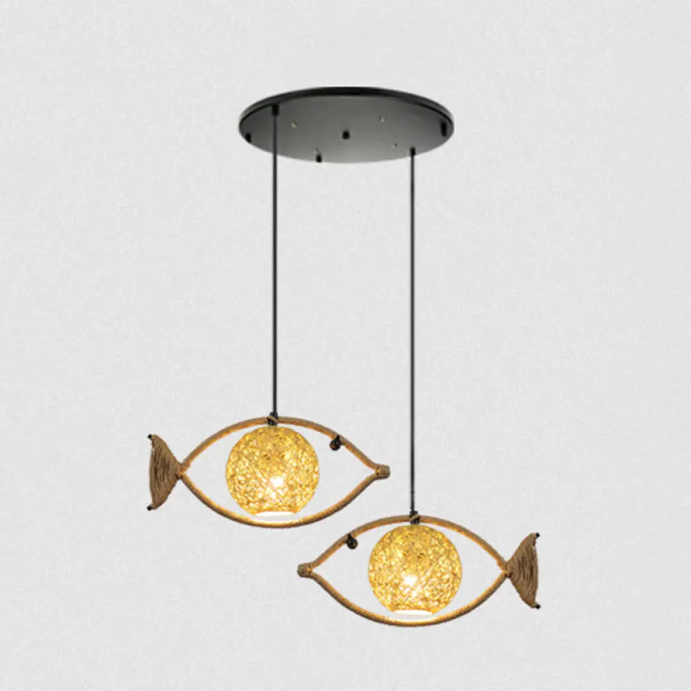 Hemp Rope Fish Suspension Pendant Ceiling Light With Globe Rattan Shade - Retro Restaurant Lighting