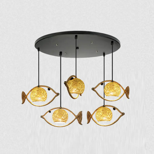 Hemp Rope Fish Suspension Pendant Ceiling Light With Globe Rattan Shade - Retro Restaurant Lighting