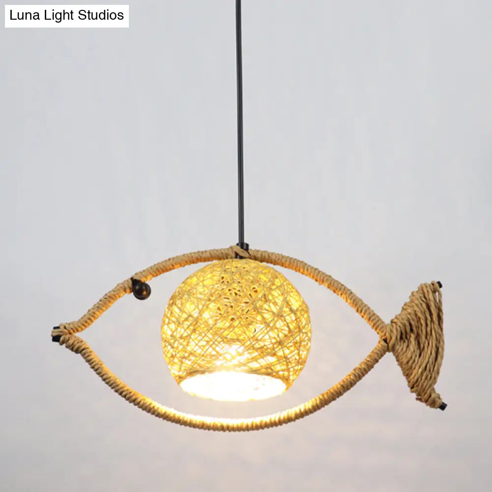 Hemp Rope Fish Suspension Pendant Ceiling Light With Globe Rattan Shade - Retro Restaurant Lighting