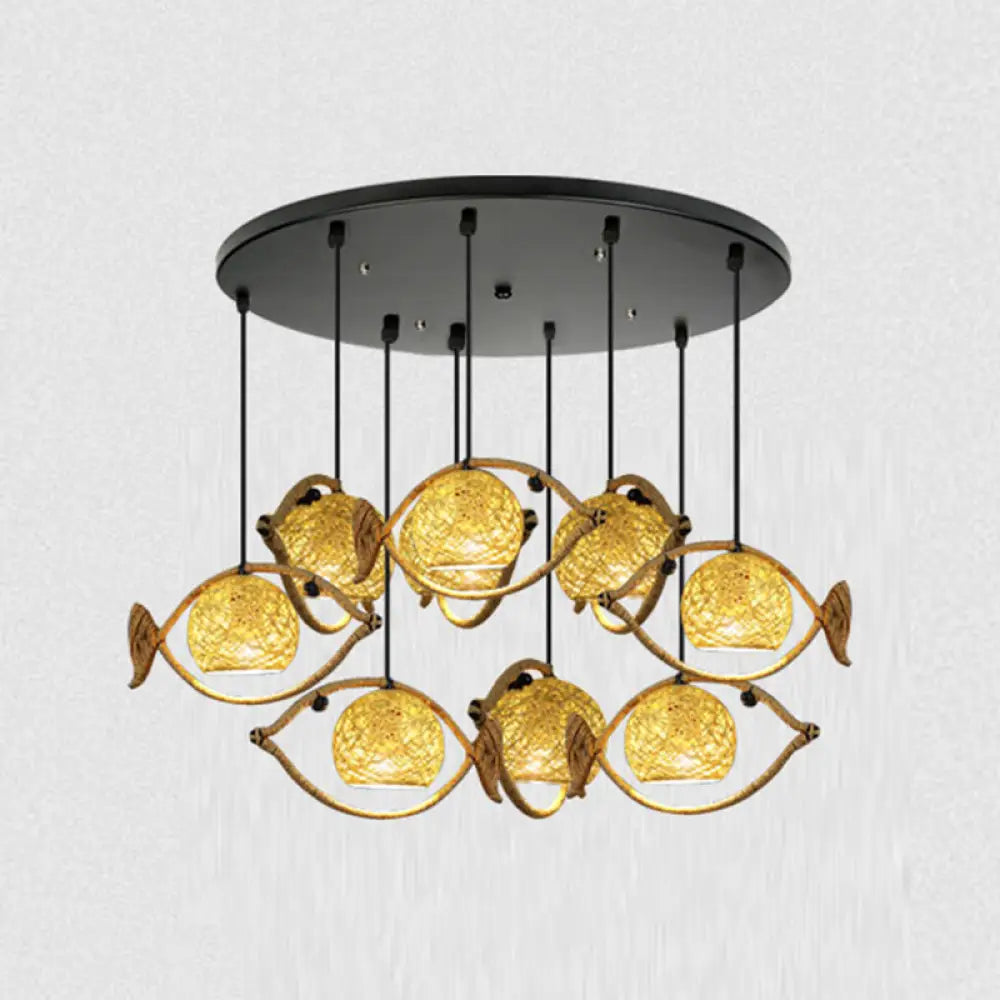 Hemp Rope Fish Suspension Pendant Ceiling Light With Globe Rattan Shade - Retro Restaurant Lighting