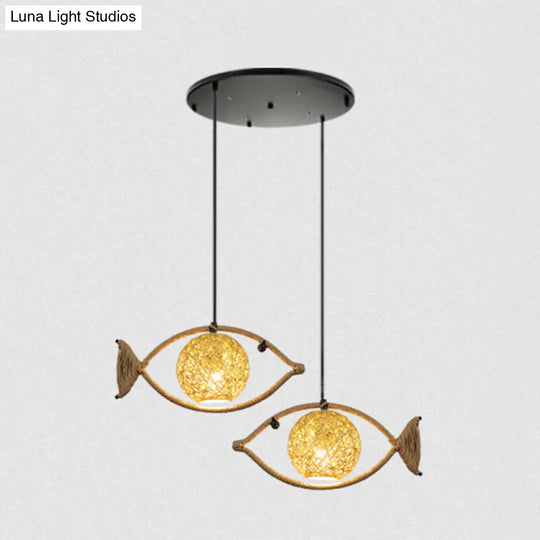 Retro Restaurant Pendant Ceiling Light - Hemp Rope Fish Suspension Lighting With Globe Rattan Shade