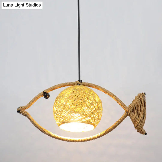 Retro Restaurant Pendant Ceiling Light - Hemp Rope Fish Suspension Lighting With Globe Rattan Shade
