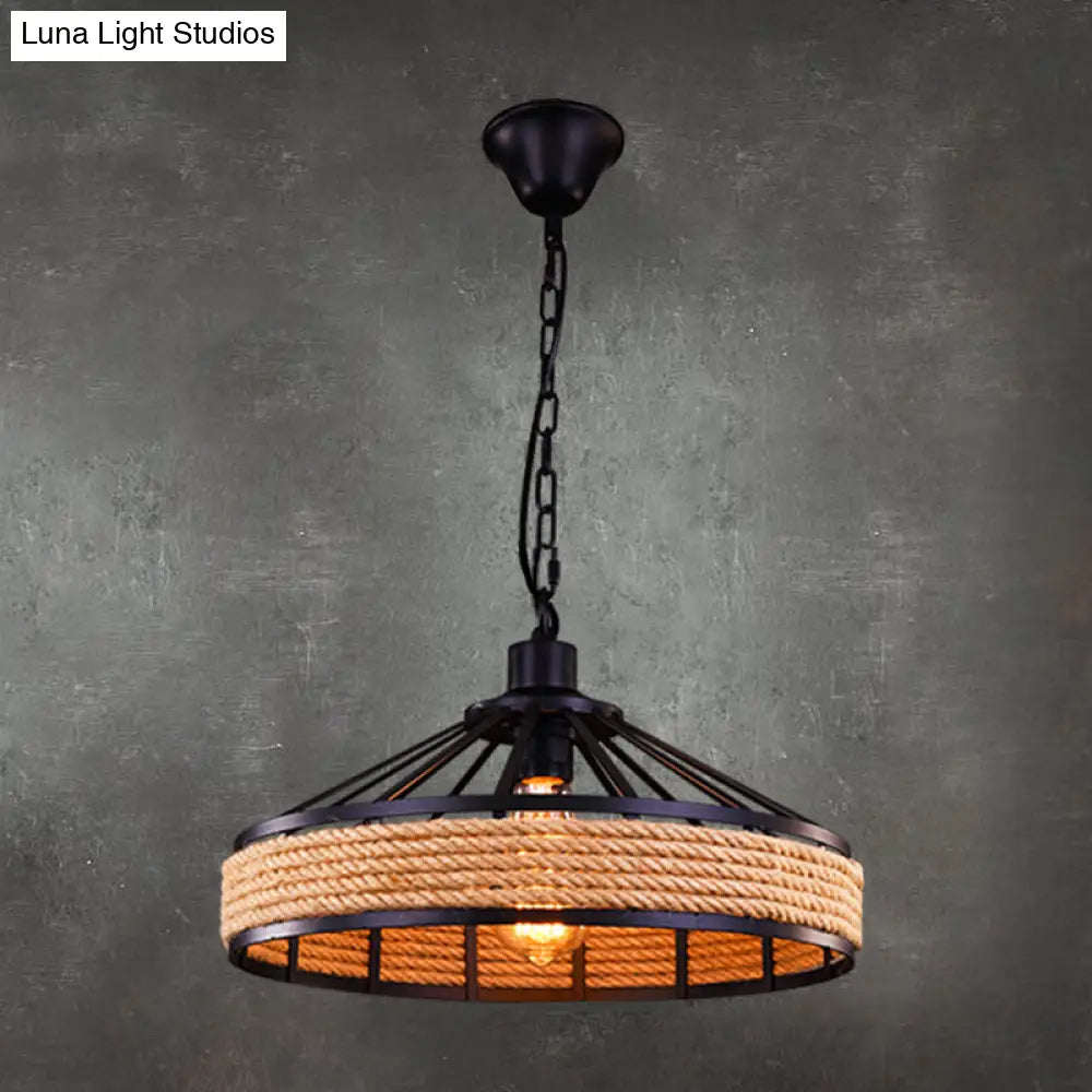 Hemp Rope Hanging Lamp - Vintage Single-Bulb Pendant For Restaurant Lighting Black Yurt Design /