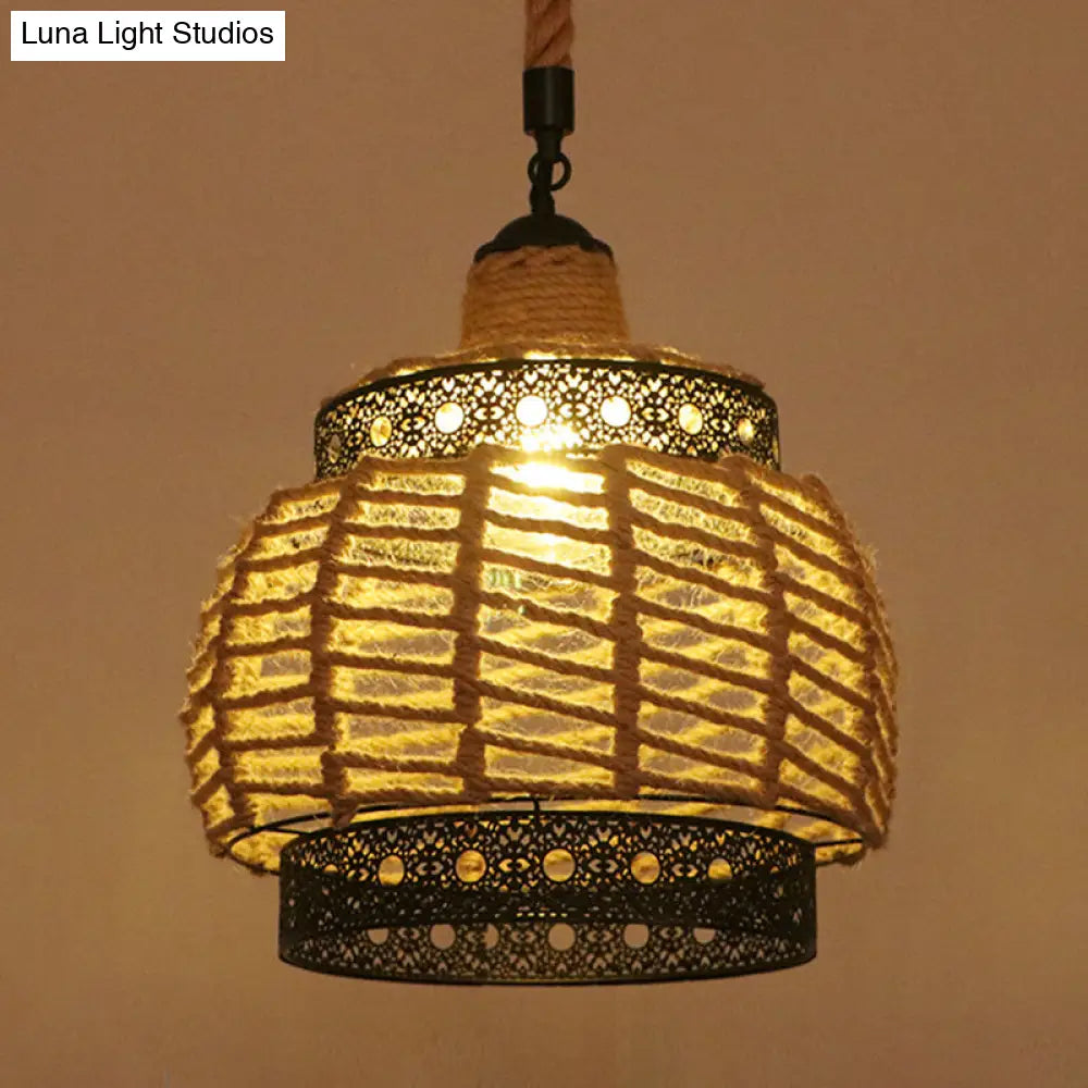 Industrial Hemp Rope Caged Ceiling Pendant Light With Flaxen Finish - Ideal For Restaurants / L