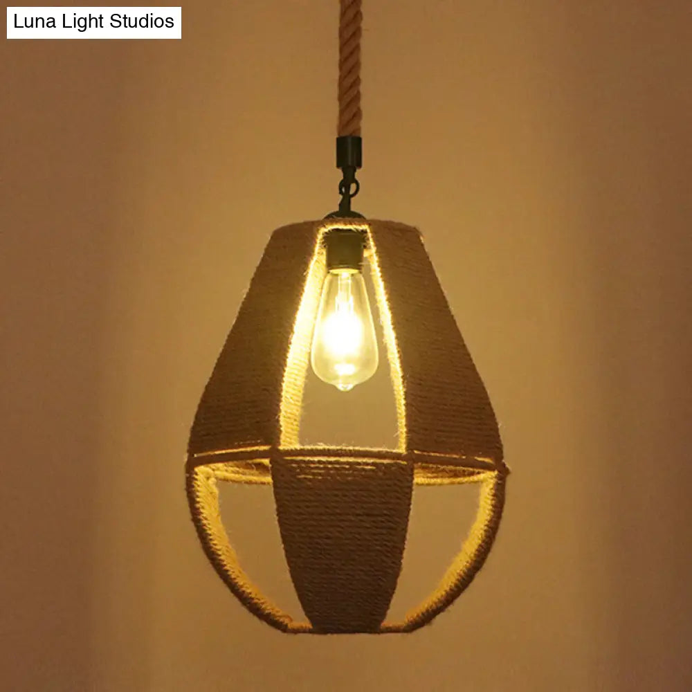 Industrial Hemp Rope Caged Ceiling Pendant Light With Flaxen Finish - Ideal For Restaurants / N