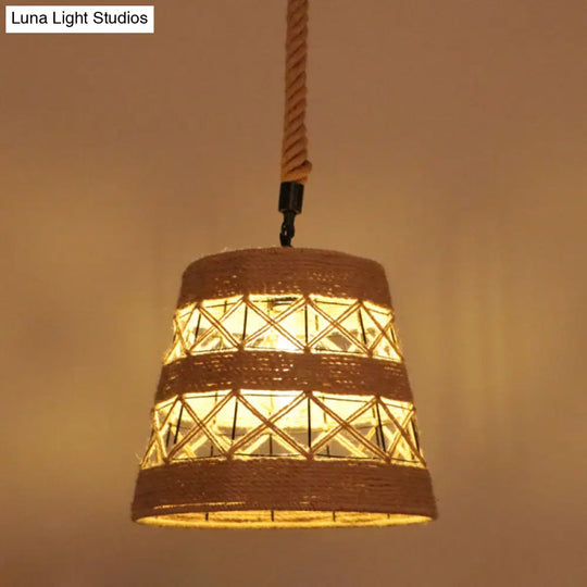 Industrial Hemp Rope Caged Ceiling Pendant Light With Flaxen Finish - Ideal For Restaurants / C