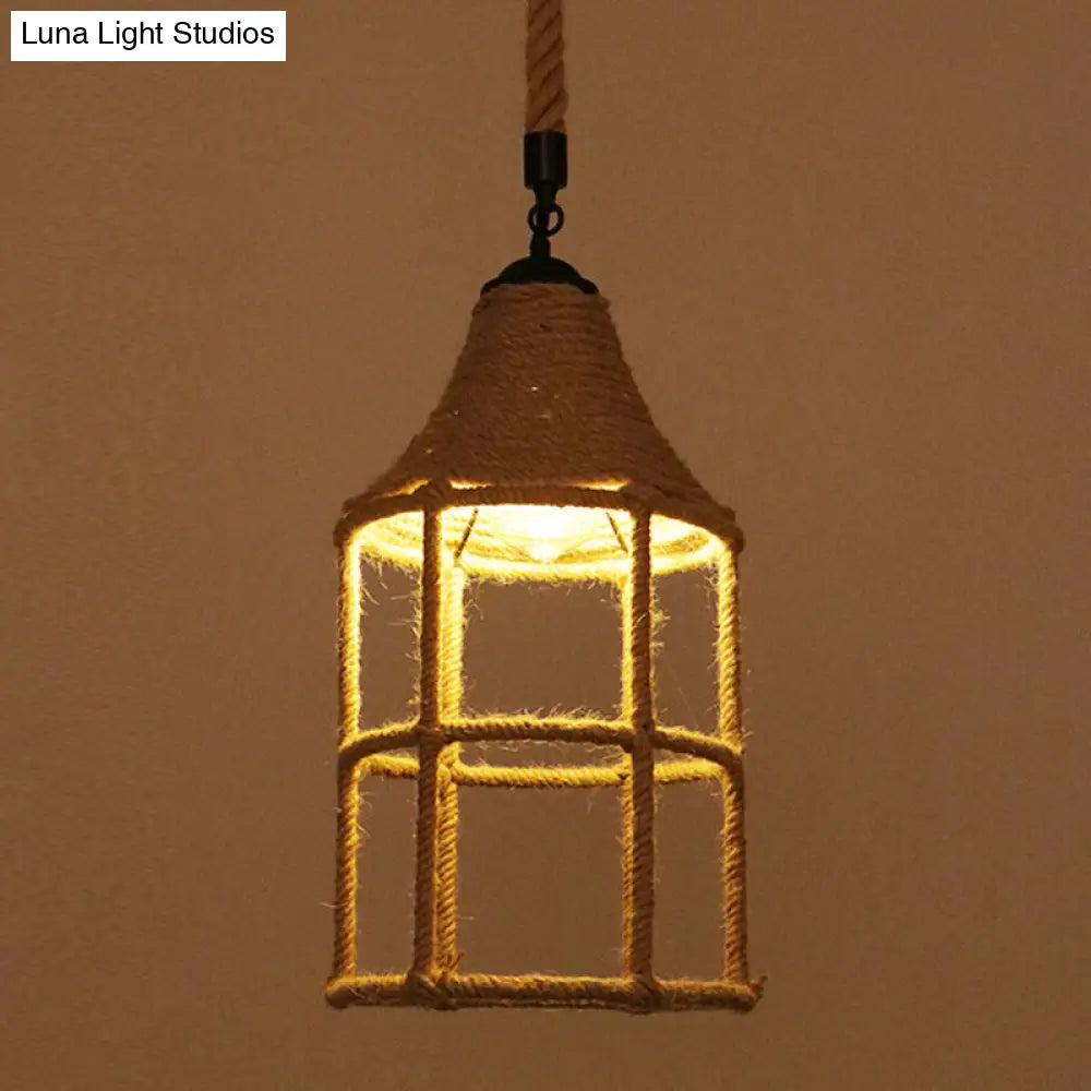 Industrial Hemp Rope Caged Ceiling Pendant Light With Flaxen Finish - Ideal For Restaurants / M