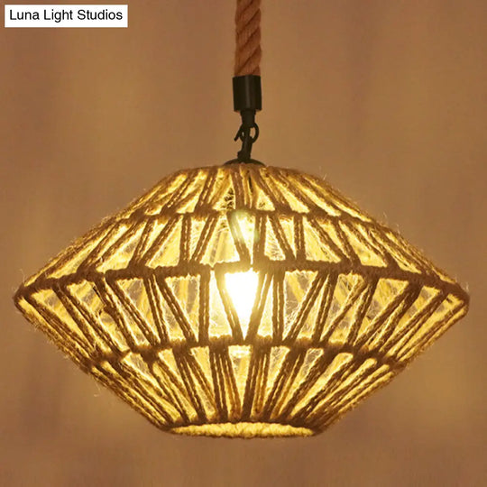 Industrial Hemp Rope Caged Ceiling Pendant Light With Flaxen Finish - Ideal For Restaurants / F