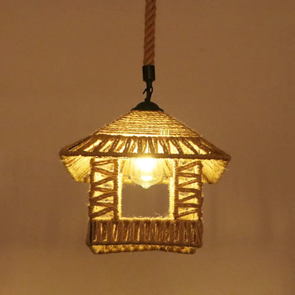 Hemp Rope Industrial Ceiling Pendant Light - Flaxen Single Hanging Fixture For Restaurants / E