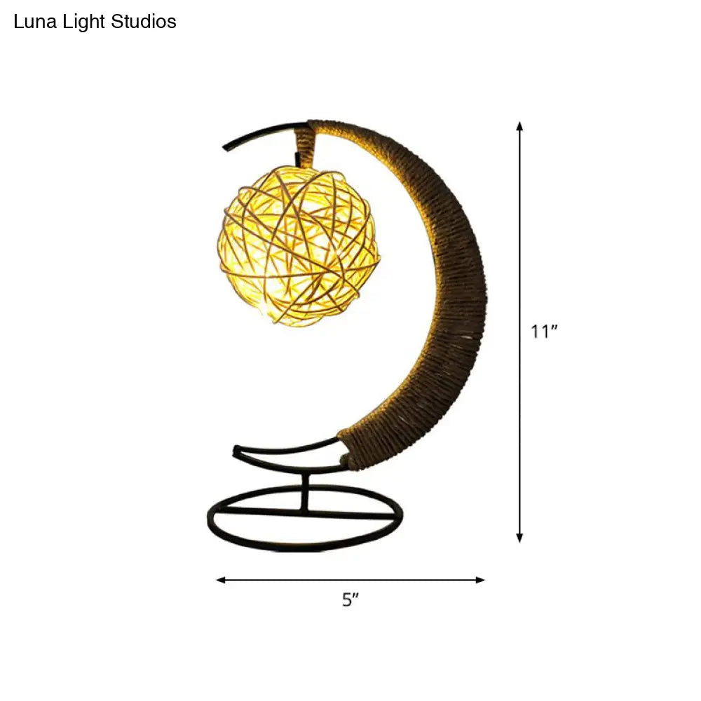 Hemp Rope Moon And Ball Table Lamp - Artistic Battery Operated Led Night Light In Black