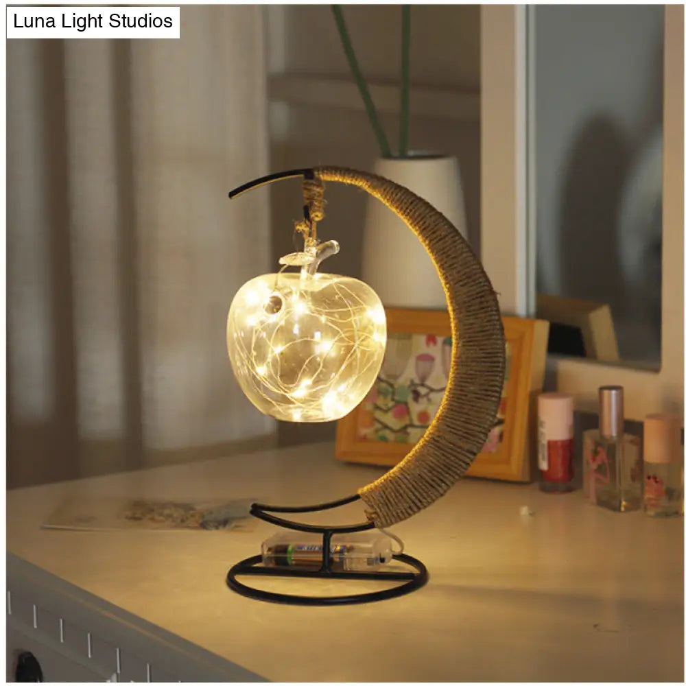 Hemp Rope Moon And Ball Table Lamp - Artistic Battery Operated Led Night Light In Black