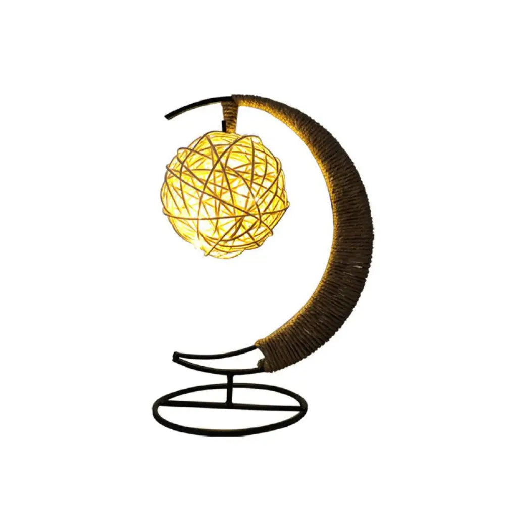 Hemp Rope Moon And Ball Table Lamp - Artistic Battery Operated Led Night Light In Black /