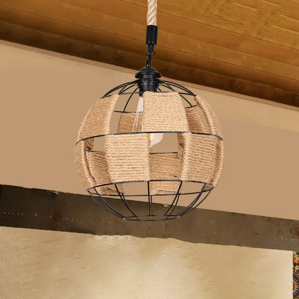 Hemp Rope Pendant Lamp - Cottage Brown Globe Ceiling Light Aisle Hanging Fixture