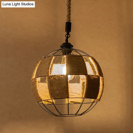 Hemp Rope Pendant Lamp - Cottage Brown Globe Ceiling Light Aisle Hanging Fixture