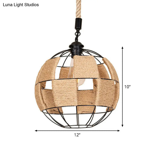 Cottage Style Brown Globe Hemp Rope Pendant Lamp - Aisle Ceiling Light