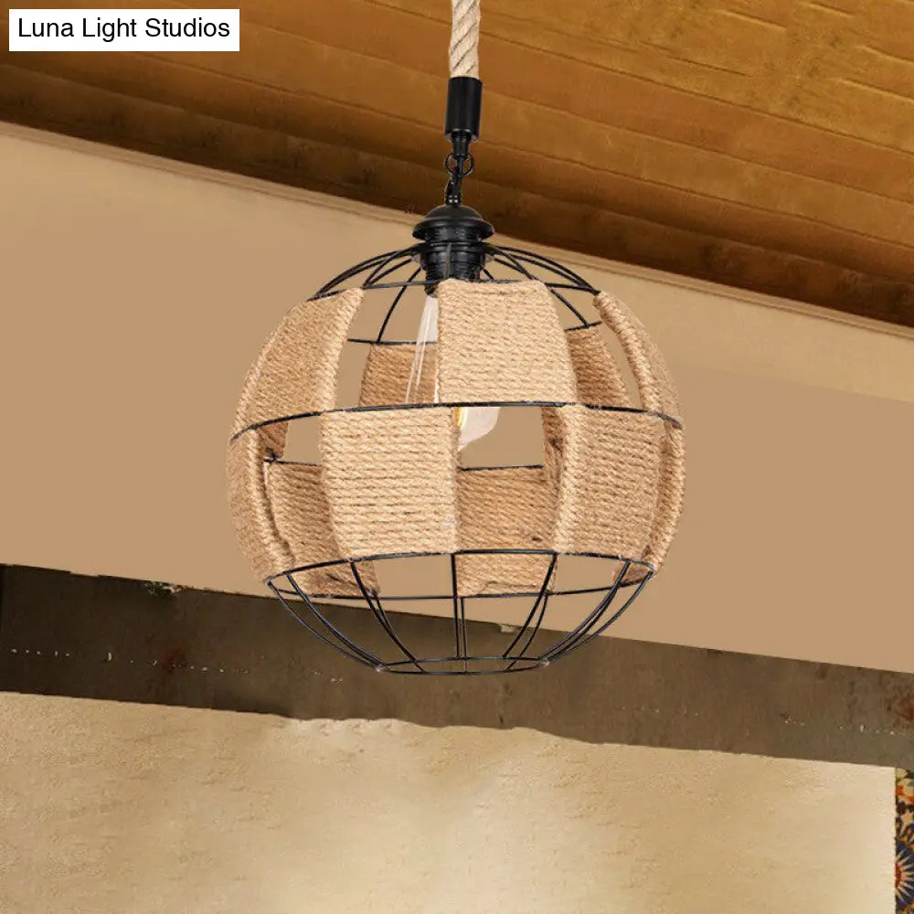 Cottage Style Brown Globe Hemp Rope Pendant Lamp - Aisle Ceiling Light