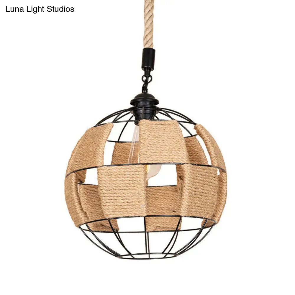 Hemp Rope Pendant Lamp - Cottage Brown Globe Ceiling Light Aisle Hanging Fixture