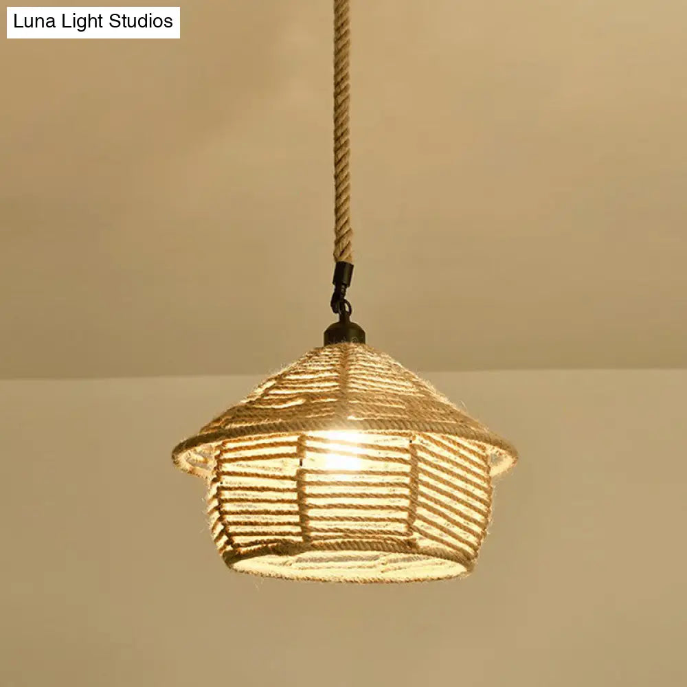 Hemp Rope Pendant Light - Antique 1-Light Fixture In Brown For Restaurants