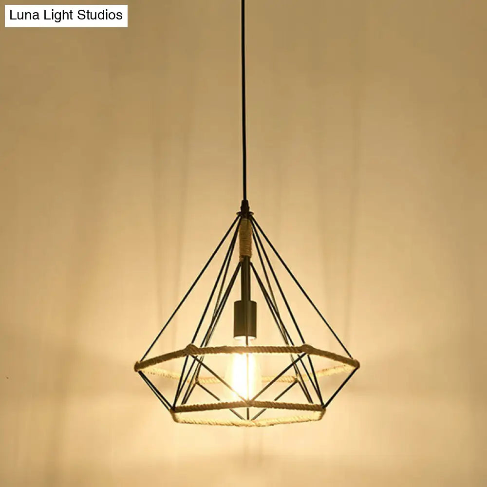 Hemp Rope Pendant Light - Antique 1-Light Fixture In Brown For Restaurants