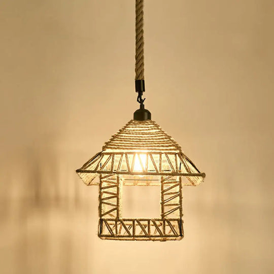 Hemp Rope Pendant Light - Antique 1-Light Fixture In Brown For Restaurants / D