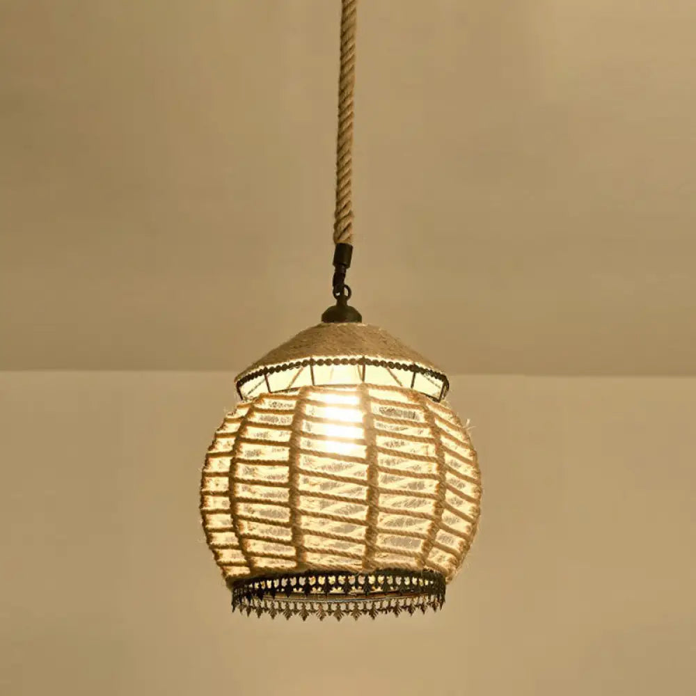 Hemp Rope Pendant Light - Antique 1-Light Fixture In Brown For Restaurants / L