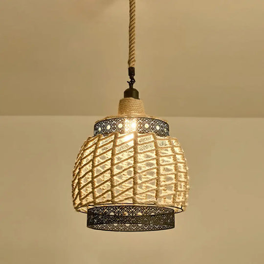 Hemp Rope Pendant Light - Antique 1-Light Fixture In Brown For Restaurants / N