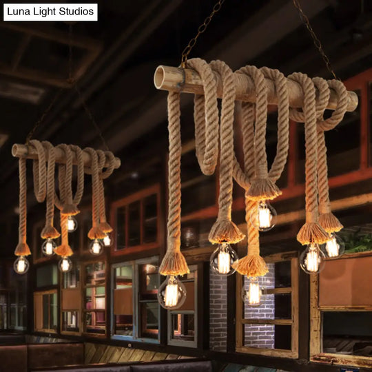 Hemp Rope Pendant Light: Industrial Island Lighting With Bamboo Tube In Flaxen