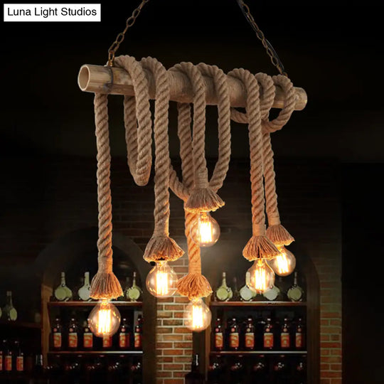 Hemp Rope Pendant Light: Industrial Island Lighting With Bamboo Tube In Flaxen