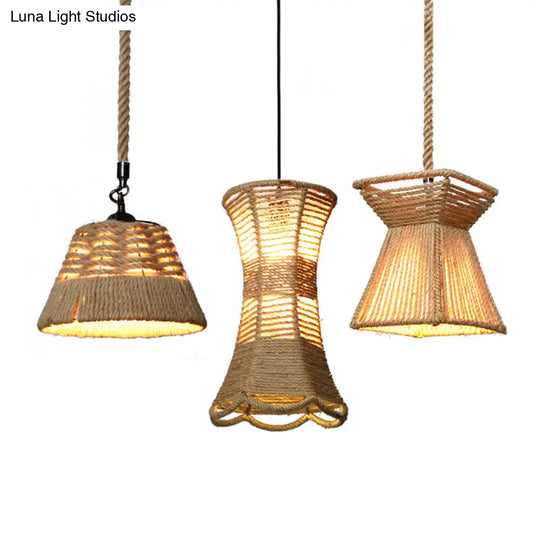 Rustic Hemp Rope Caged Pendant Light Fixture - Brown 1 Bulb Ideal For Restaurants