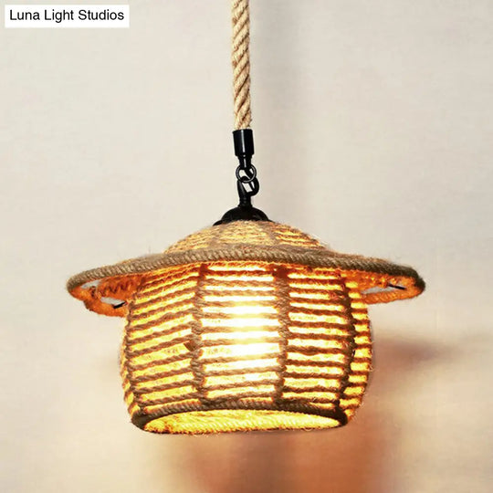 Rustic Hemp Rope Caged Pendant Light Fixture - Brown 1 Bulb Ideal For Restaurants / F