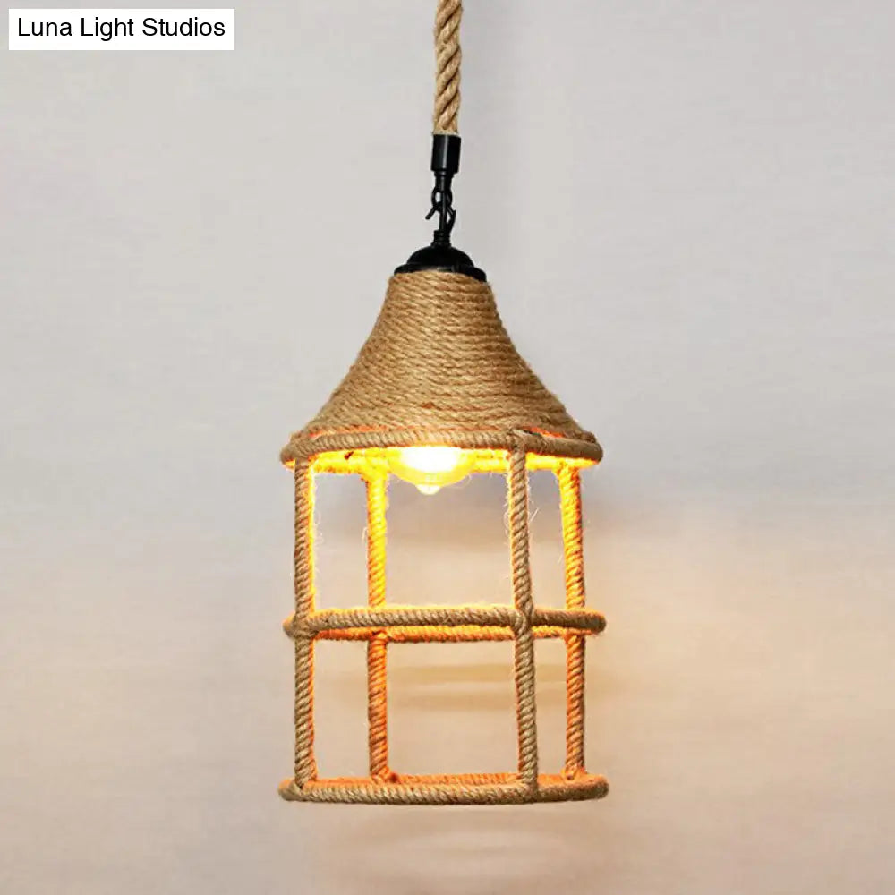 Rustic Hemp Rope Caged Pendant Light Fixture - Brown 1 Bulb Ideal For Restaurants / E