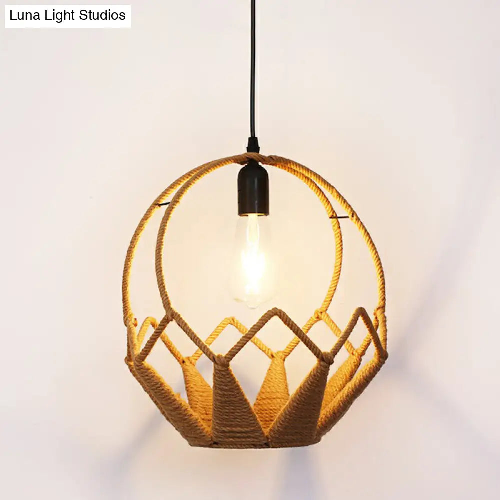 Rustic Hemp Rope Caged Pendant Light Fixture - Brown 1 Bulb Ideal For Restaurants / L